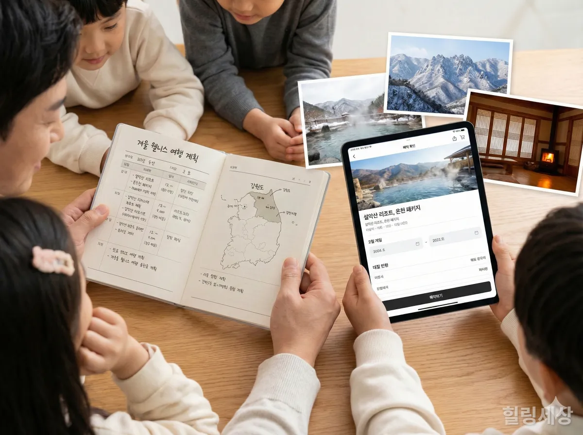 겨울 웰니스 가족 여행 계획을 세우고 예약하는 한국 가족의 손