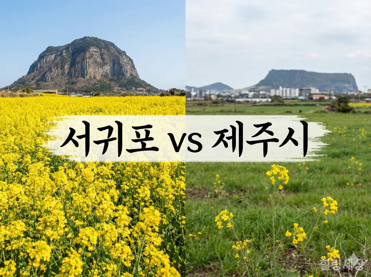 서귀포와 제주시의 유채꽃 개화 상태 비교 이미지