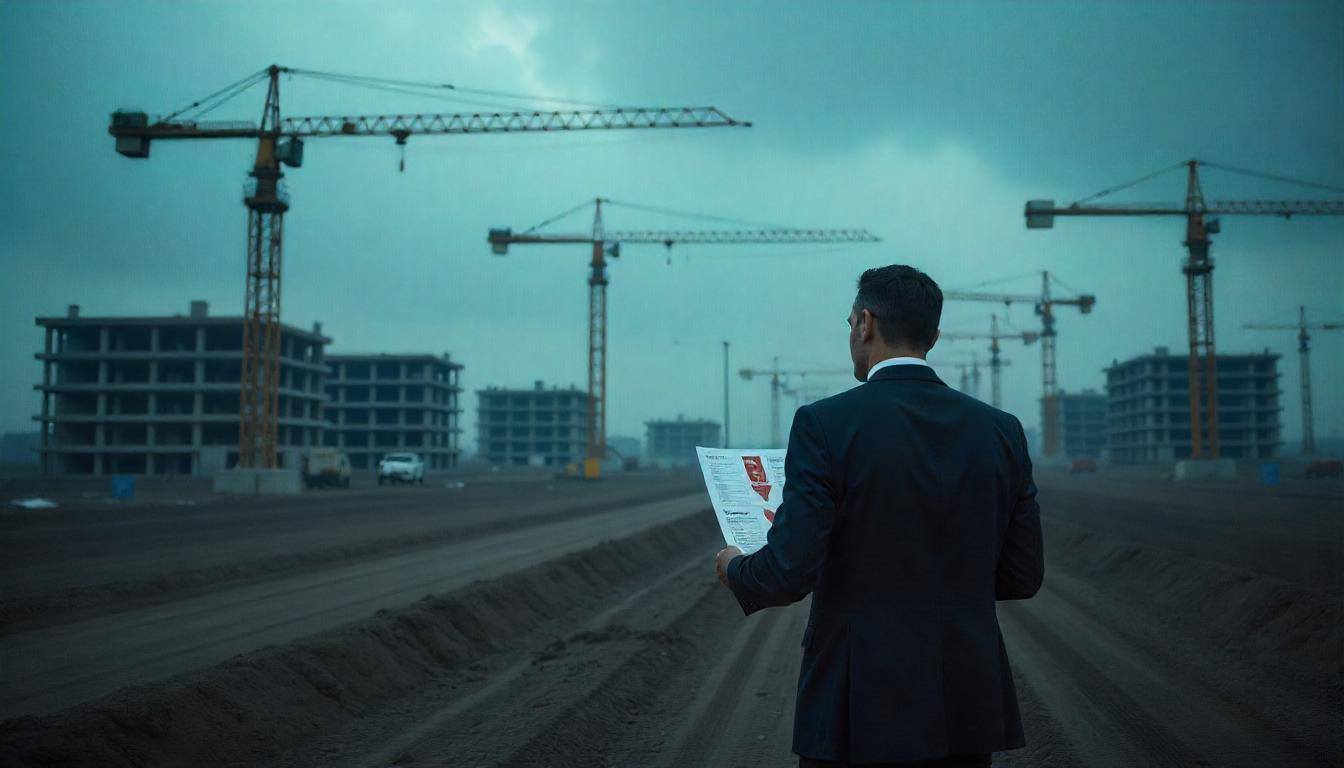 어두운 공사 현장과 재정적 어려움을 겪는 사업가