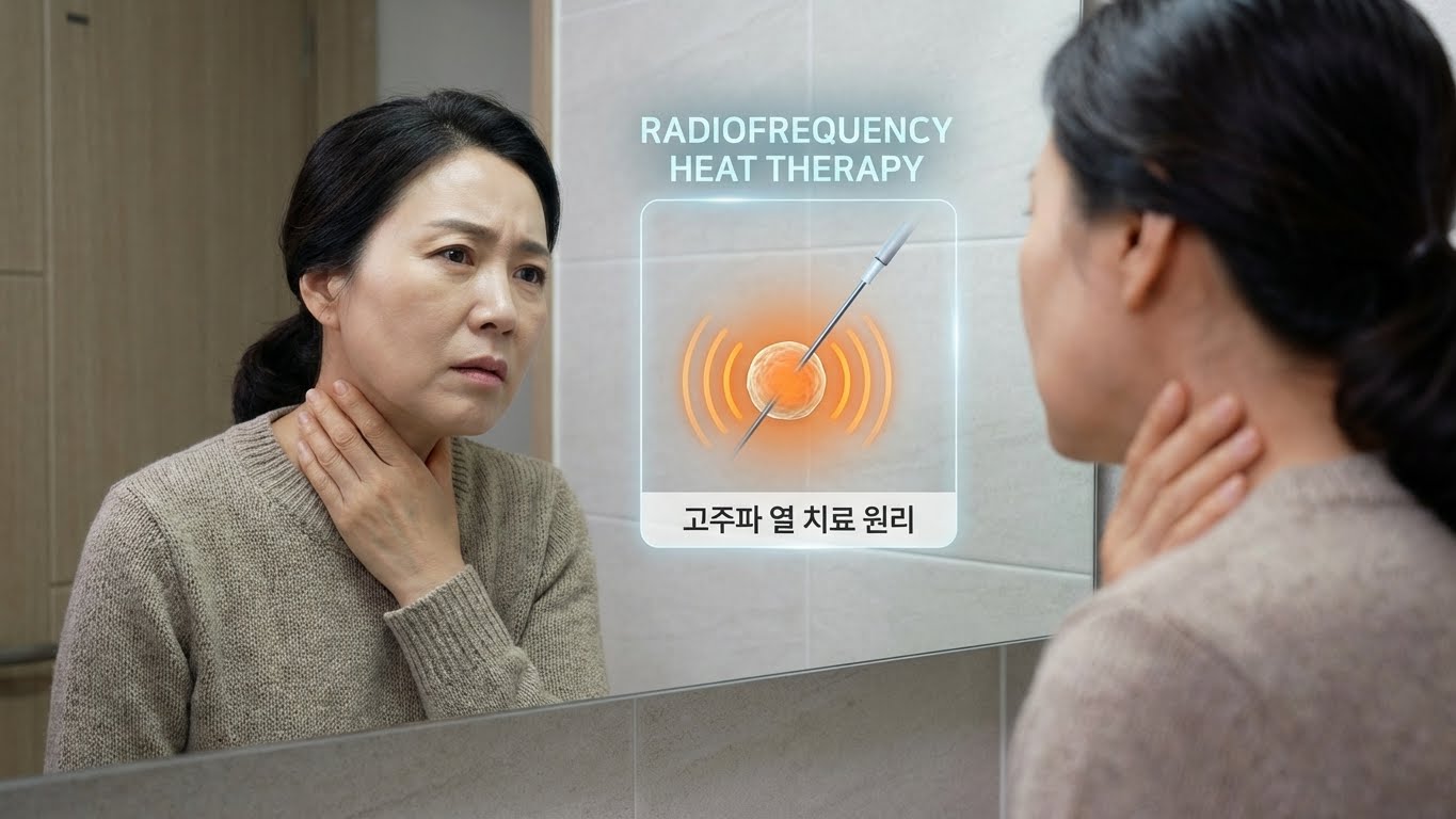 여성이 목 부위를 감싸 쥐며 거울을 보고 걱정하는 모습