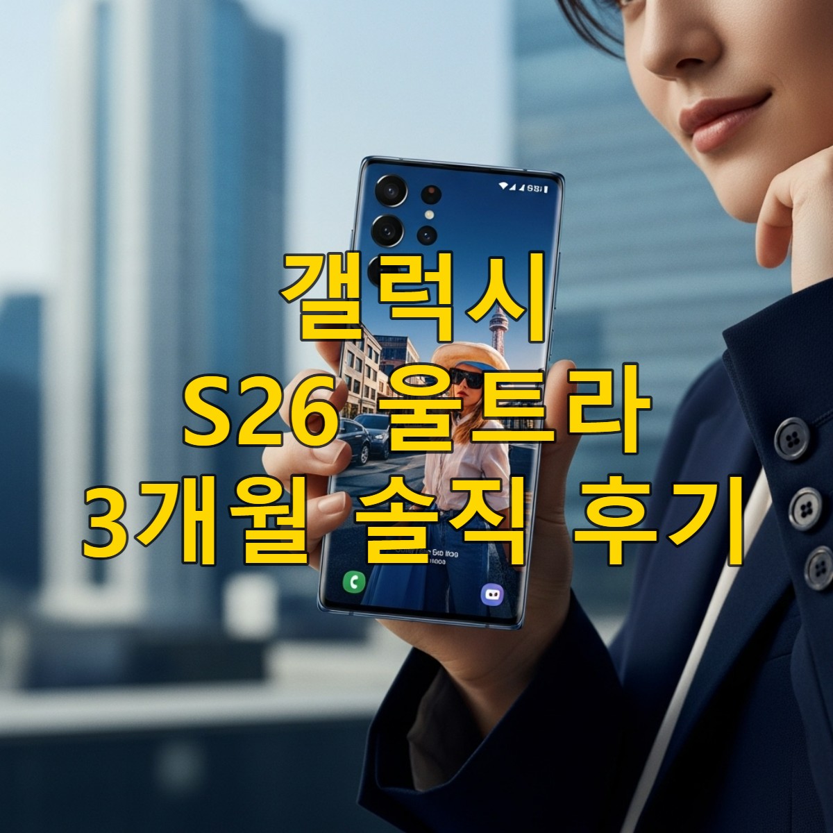 클래식 블루 색상의 갤럭시 S26 울트라를 들고 있는 사람. 현대적인 한국 도시를 배경으로 카메라와 디자인이 강조된 모습.