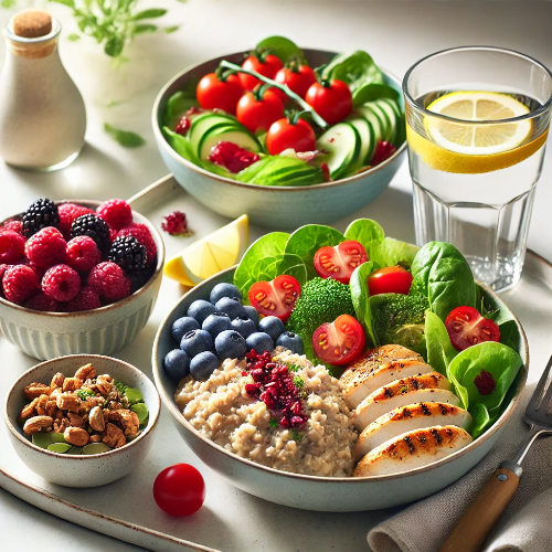 체중 감량을 위한 건강한 식단으로, 신선한 베리와 오트밀이 담긴 그릇, 혼합 샐러드와 구운 닭가슴살, 레몬이 담긴 물 한 잔과 견과류가 함께 차려진 건강한 음식 구성