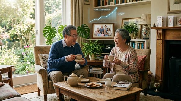 따뜻한 햇살이 비치는 거실에서 은퇴 후 여유롭게 차를 마시는 노부부의 모습