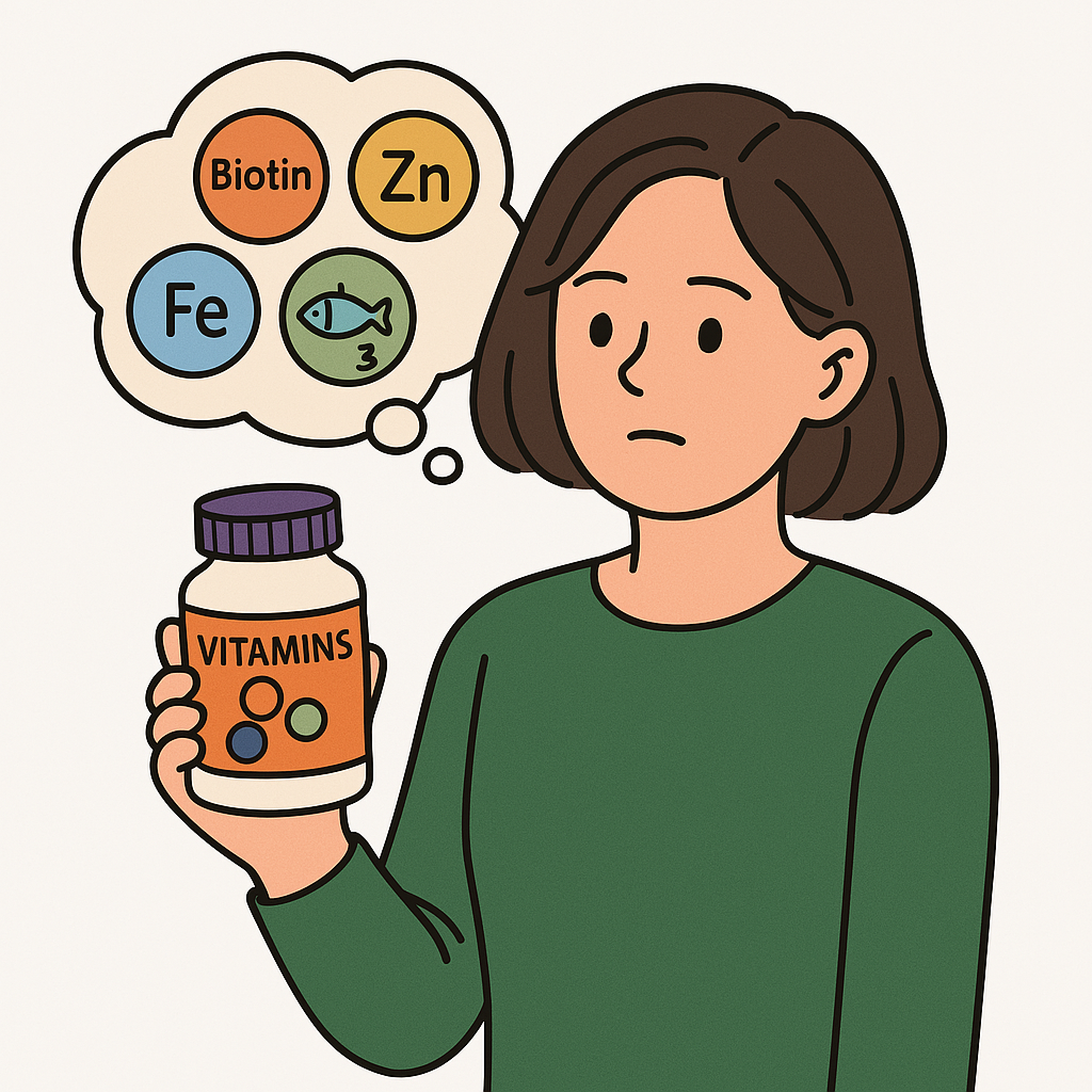 탈모에 좋은 영양제에 대해 고민하는 여성 일러스트