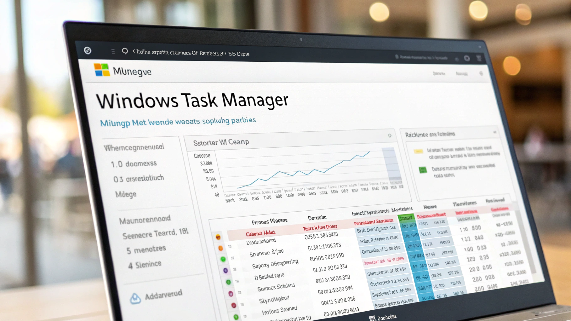 카페 또는 공공장소로 보이는 공간에서 노트북 화면에 'Windows Task Manager' 인터페이스가 표시되어 있으며, 다양한 그래프와 표가 포함되어 있음. 그러나 인터페이스 내 텍스트 대부분은 실제 단어가 아닌 무의미한 조합으로 구성되어 있어 정상적인 작업 관리자 화면이 아님. 화면 상단에는 'Munegev'라는 가상의 로고와 제목이 표시되어 있음