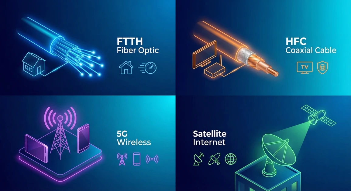 인터넷 종류 비교 인포그래픽 - FTTH 광랜, HFC 케이블, 5G 무선, 위성인터넷 기술 차이 설명