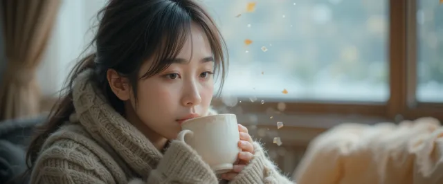 찬 공기로 인한 냉방병 증상 해소를 위해 따뜻한 음료를 마시는 장면