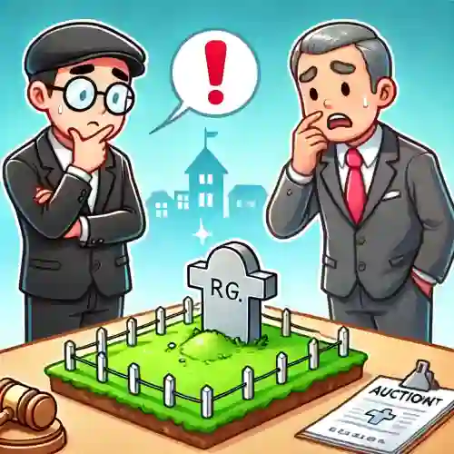 부동산 임장 시 묘지가 있는 토지를 보고 당황하는 투자자와 경매사