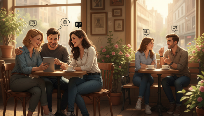 다양한 MBTI 성격 유형의 젊은 커플들이 카페에서 서로 소통하며 다정하게 시간을 보내는 모습, MBTI별 연애 궁합과 소통법을 상징함