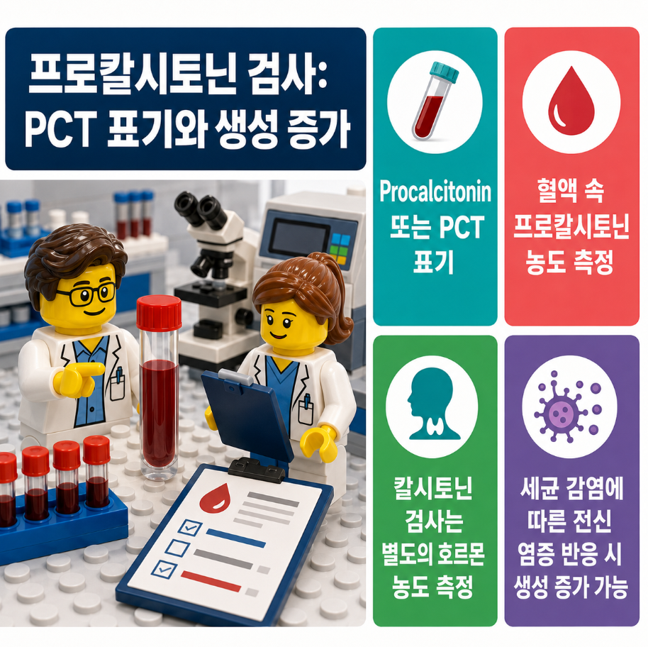 프로칼시토닌(PCT)의 의미와 검사명, 혈액 속 프로칼시토닌 농도 측정, 칼시토닌 검사와의 차이 및 세균성 감염 시 생성 증가를 설명하는 레고 스타일 메디컬 인포그래픽