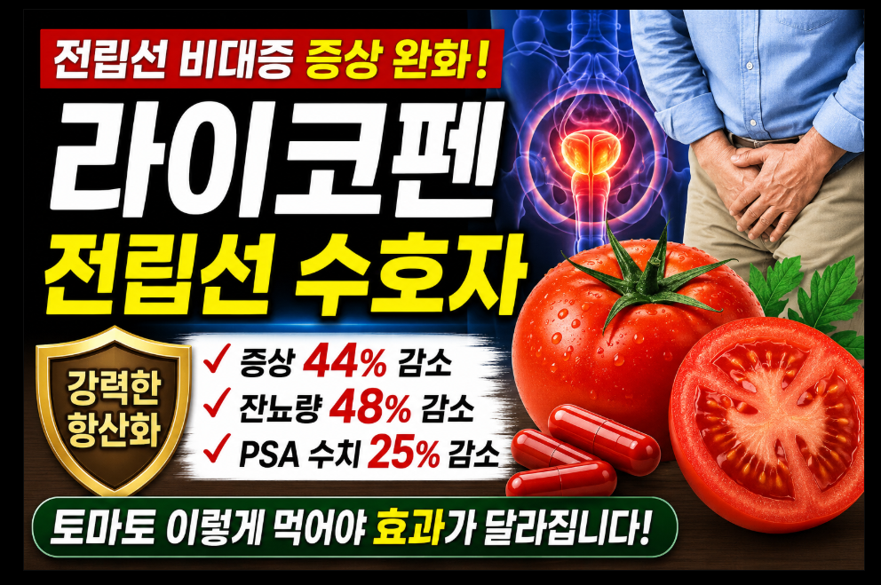 붉은 토마토와 라이코펜 캡슐이 함께 놓여 있으며 전립선 건강 관리와 남성 비뇨기 건강을 상징하는 이미지