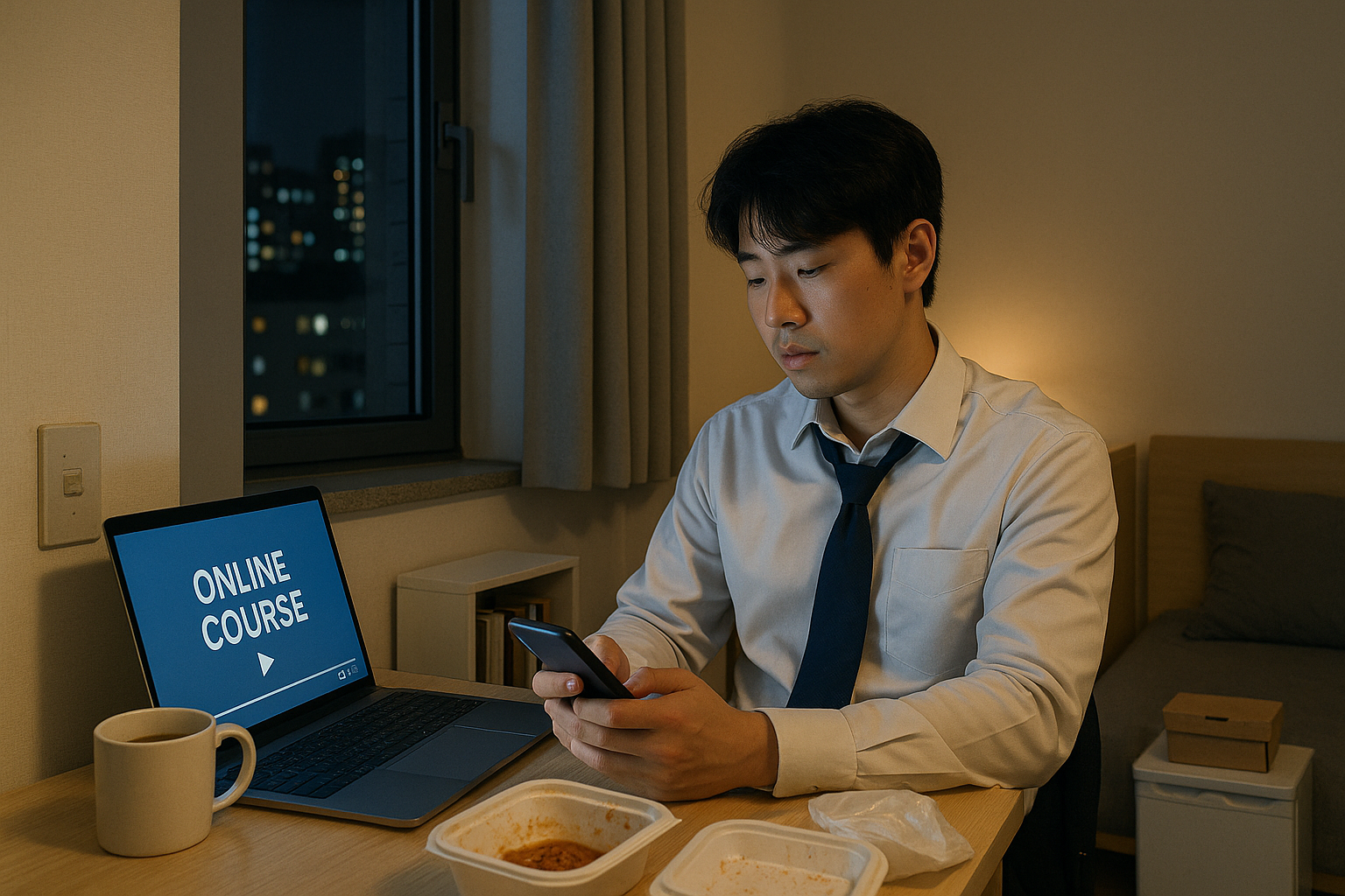 퇴근 후 온라인 강의를 듣기 위해 책상에 앉아 스마트폰을 보는 남자 이미지