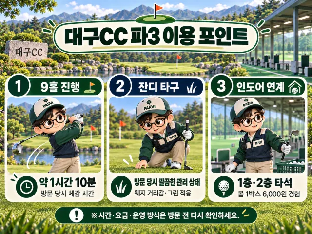 대구CC 파3 9홀 진행 시간, 잔디 타구, 인도어 연습장 연계를 정리한 이미지