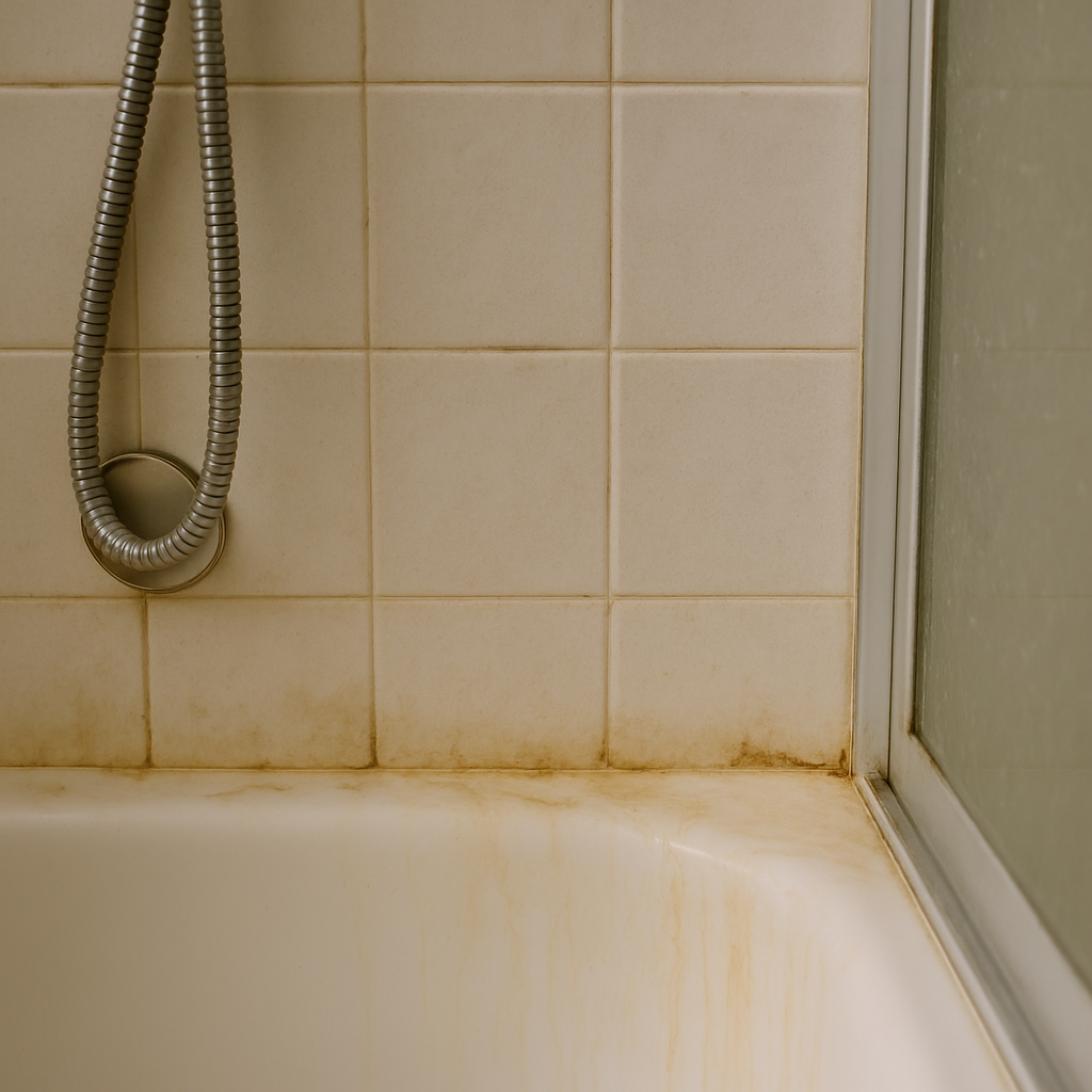 샤워기 옆 욕실 타일 벽면과 욕조 가장자리에 누렇게 생긴 물때 자국이 선명하게 보이는 사진
