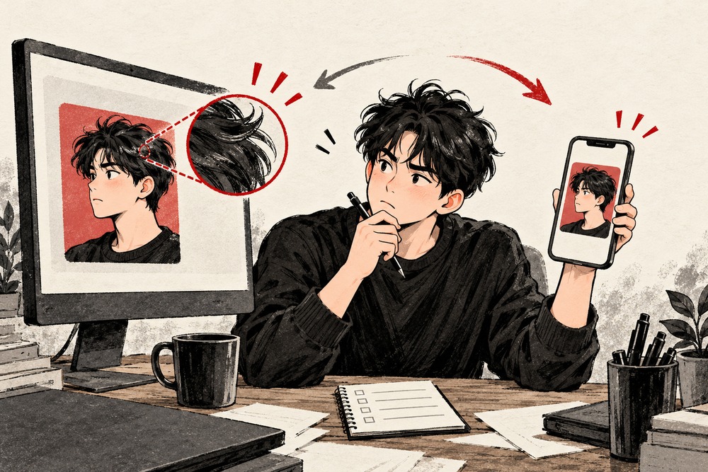 확대 화면과 실제 사용 화면을 나란히 두고 누끼 결과를 확인하는 남성 삽화
