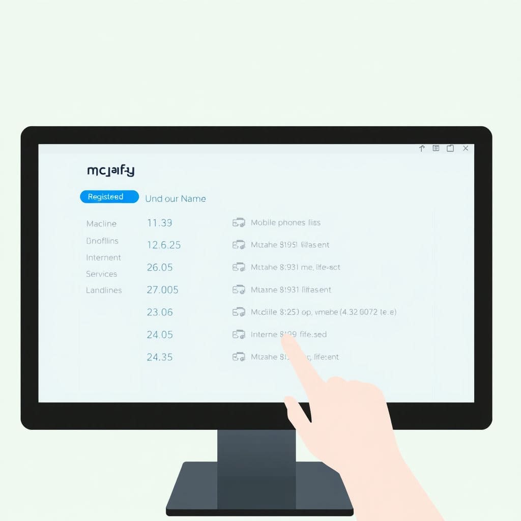 컴퓨터 모니터 화면에 Msafer 웹사이트의 '가입사실현황조회' 페이지가 열려 있고, 본인 명의로 가입된 여러 종류의 통신 회선 목록(예: 휴대폰, 인터넷, 유선전화)이 깔끔하게 정리되어 표시된 모습을 보여줍니다. 마우스를 사용하여 목록을 스크롤하거나 클릭하는 손의 모습을 함께 배치하여 사용자 편의성을 강조합니다.
