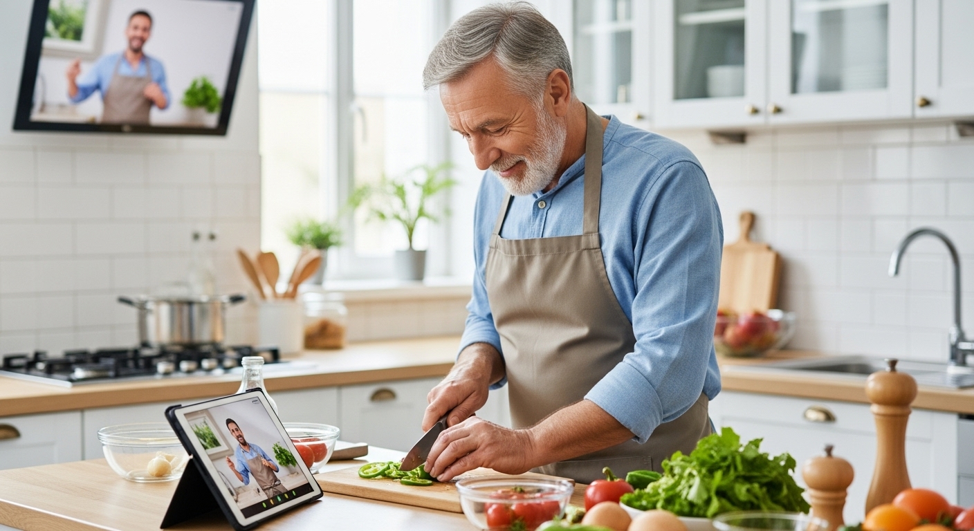 집 부엌에서 태블릿을 보며 온라인 요리 강좌로 새로운 레시피를 배우는 시니어 남성