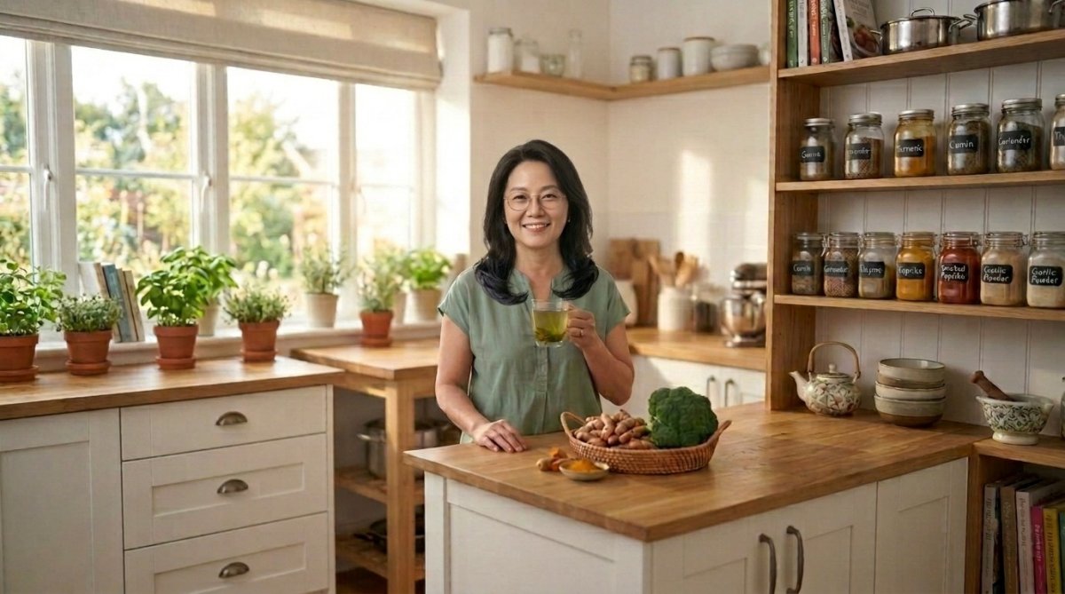 주방에서 브로콜리와 강황 등 건강 식재료를 앞에 두고 따뜻한 차를 마시며 미소 짓고 있는 중년 여성.