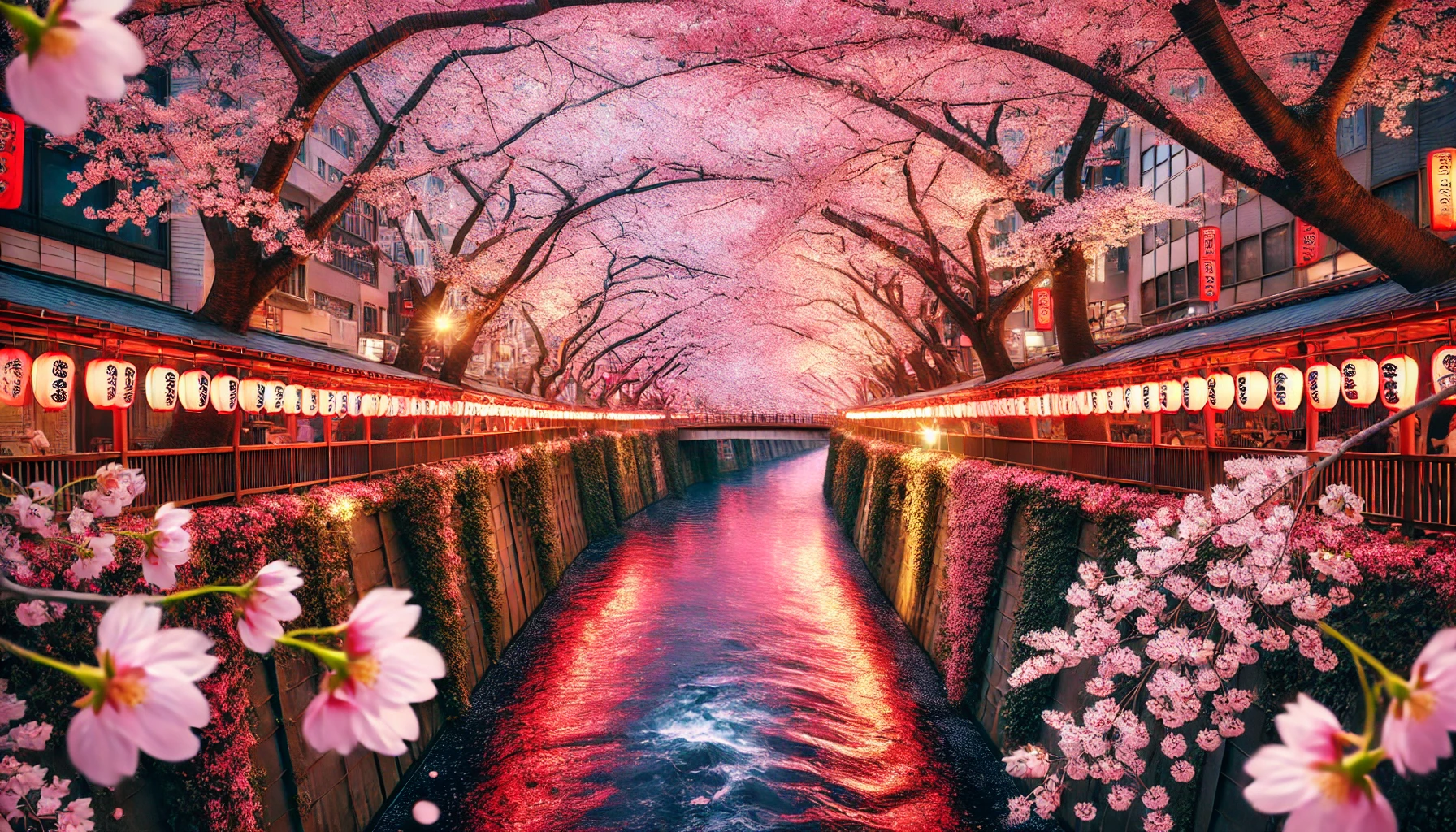 메구로 강변을 따라 흐드러지게 핀 벚꽃 터널 모습