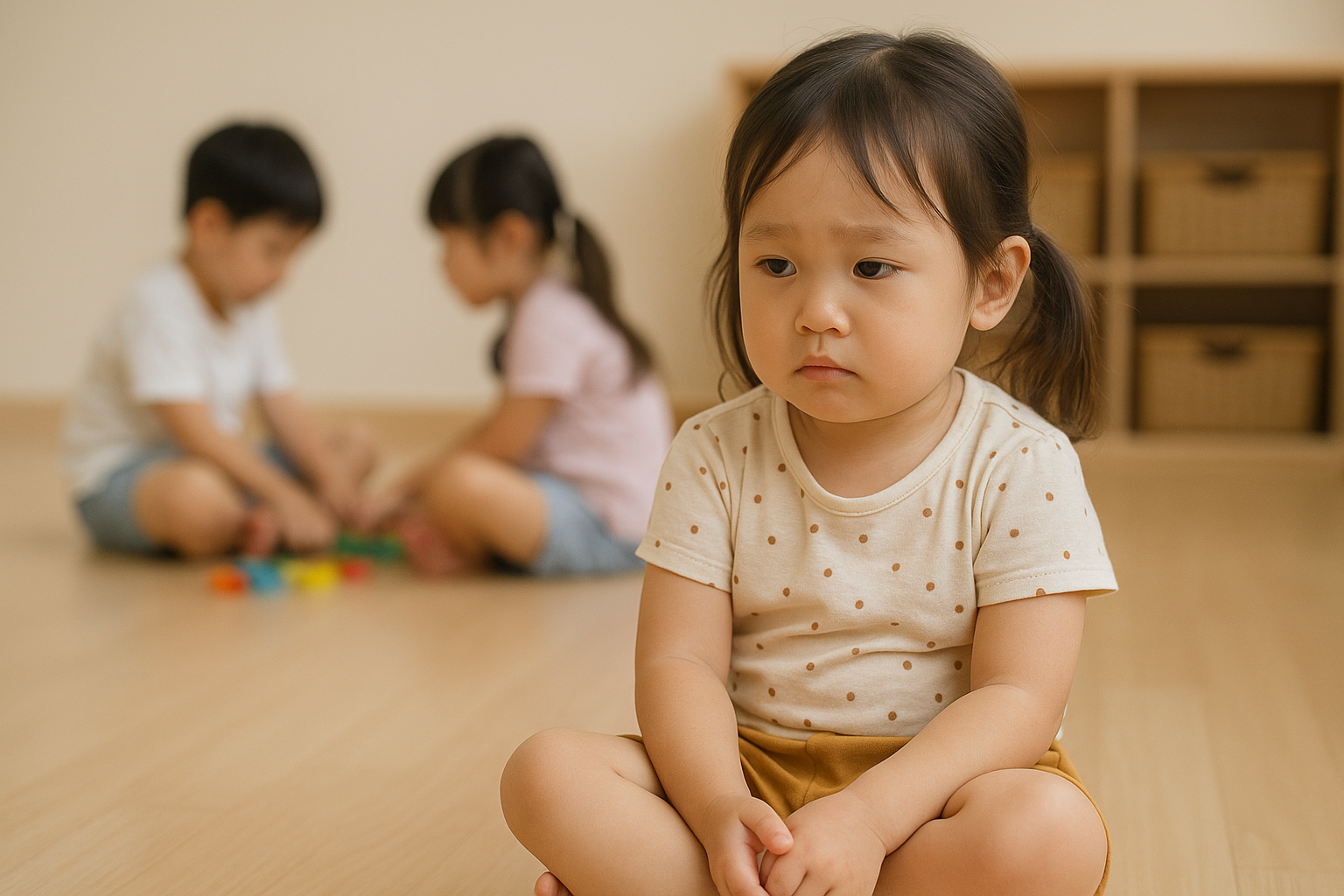 사회성 부족으로 또래와 어울리지 못하고 조용히 앉아 있는 3~4세 여자 어린이의 모습