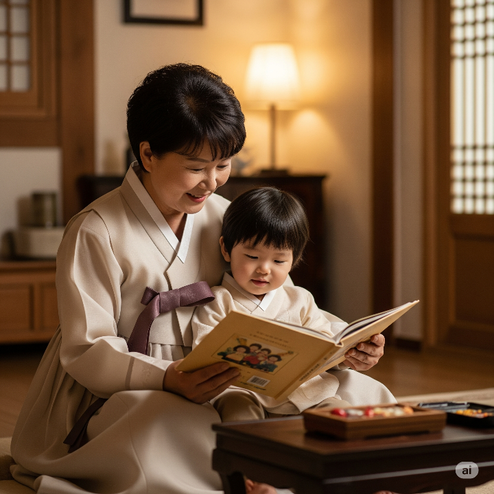 할머니가 무릎에 앉은 손주에게 다정하게 그림책을 읽어주는 따뜻하고 아늑한 거실 풍경