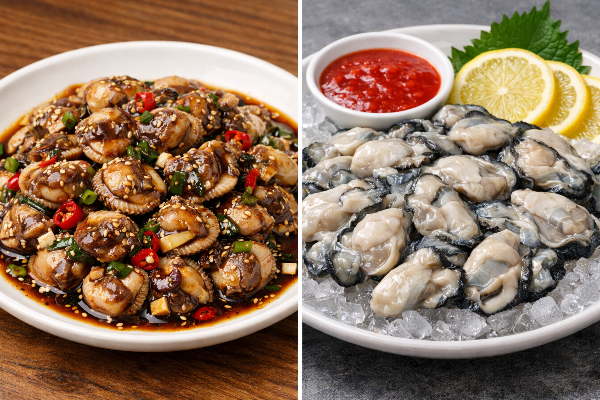 껍질을 제거해 간장 양념에 버무린 꼬막과 초고추장, 레몬 슬라이스를 곁들인 신선한 굴이 함께 담긴 접시