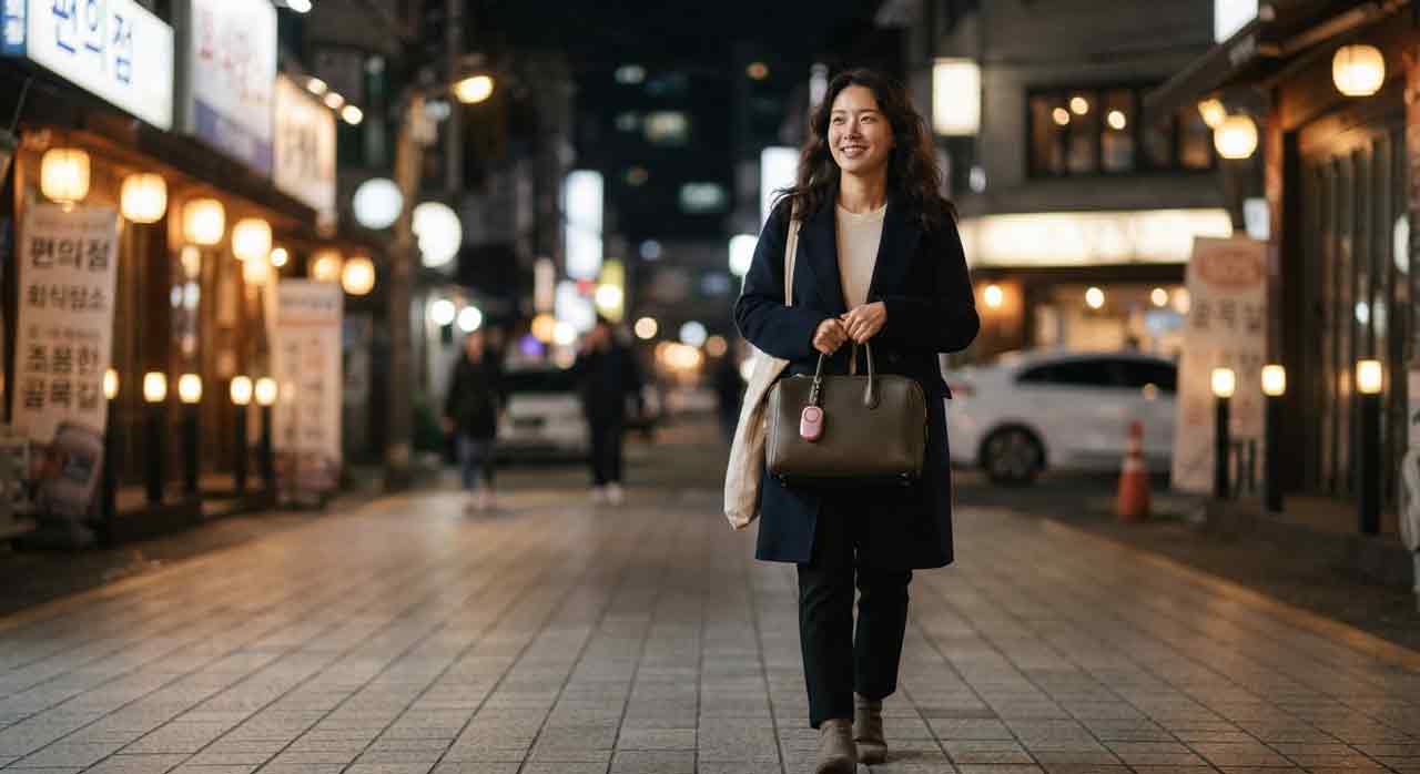 서울시 동행안심벨을 가방에 달고 귀가하는 여성의 모습