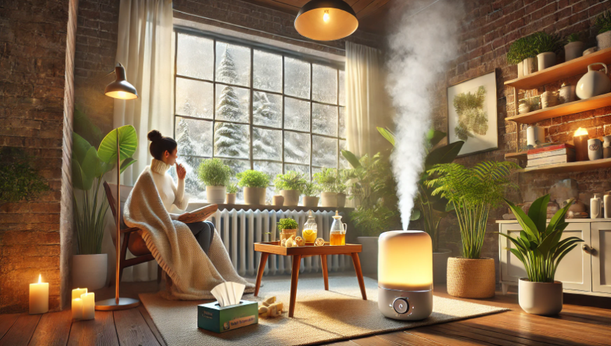 따뜻한 차와 습도 유지로 겨울철 호흡기 건강을 지키는 모습을 그린 그림