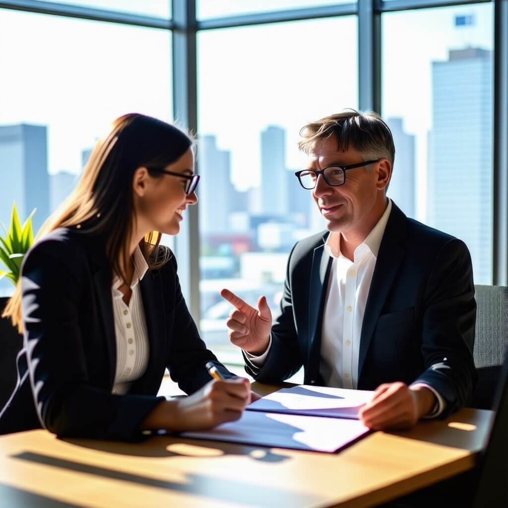보험 전문가의 조언: 보험 전문가가 고객에게 조언하는 모습. 친절한 표정과 함께 설명하는 장면.