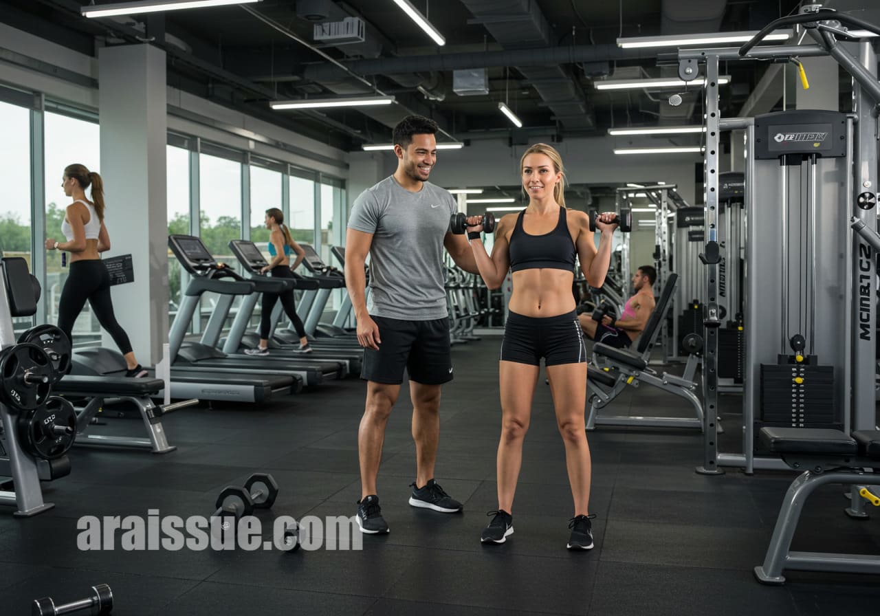 현대적인 헬스장 내부에서 개인 트레이너가 클라이언트를 지도하는 장면. 최신 운동 기구와 활기찬 분위기 속에서 건강을 위한 운동이 이루어지고 있다.