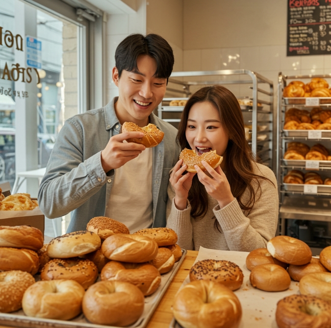 베이커리 빵집에서 연인이 베이글을 즐기는 모습의 이미지