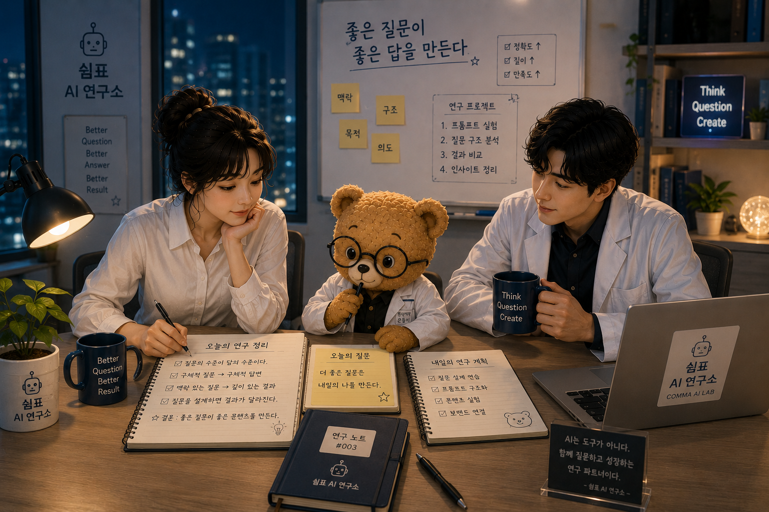 "쉼표 AI 연구소의 연구 마무리 현장. 쉼표, 푸름, 은돌이 연구원이 연구 노트에 '오늘의 연구 정리'를 기록하며 내일을 준비하는 모습. 따뜻한 조명 아래 연구하는 세 동료의 모습."