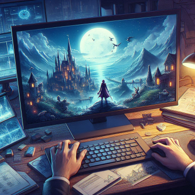 판타지 성과 달빛이 보이는 모니터 화면과 함께 작업 중인 손이 보이는 공간.
