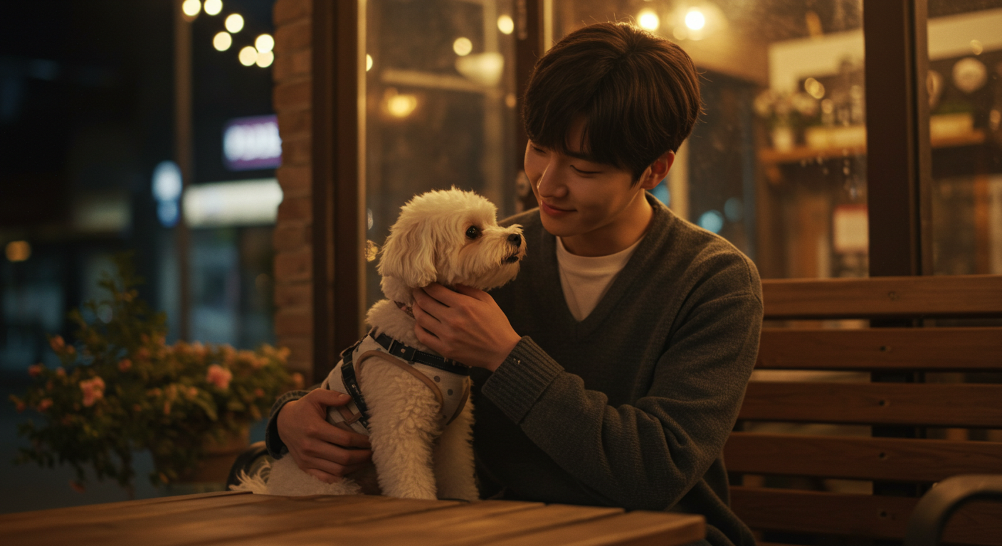 강원도 애견 동반 카페에서 반려견과 교감하는 한국인