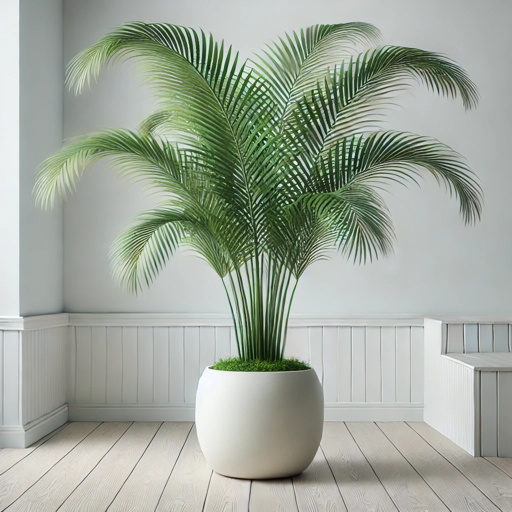 현대적인 흰색 세라믹 냄비에 무성한 녹색 잎이 있는 아레카 야자나무가 미니멀한 실내 환경의 밝은 나무 바닥에 놓여 신선함과 단순함을 발산합니다.