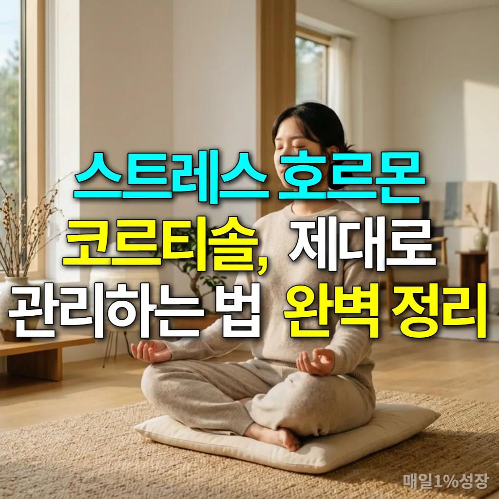 명상하는 한국 여성의 모습으로 스트레스 관리와 코르티솔 조절을 상징하는 이미지