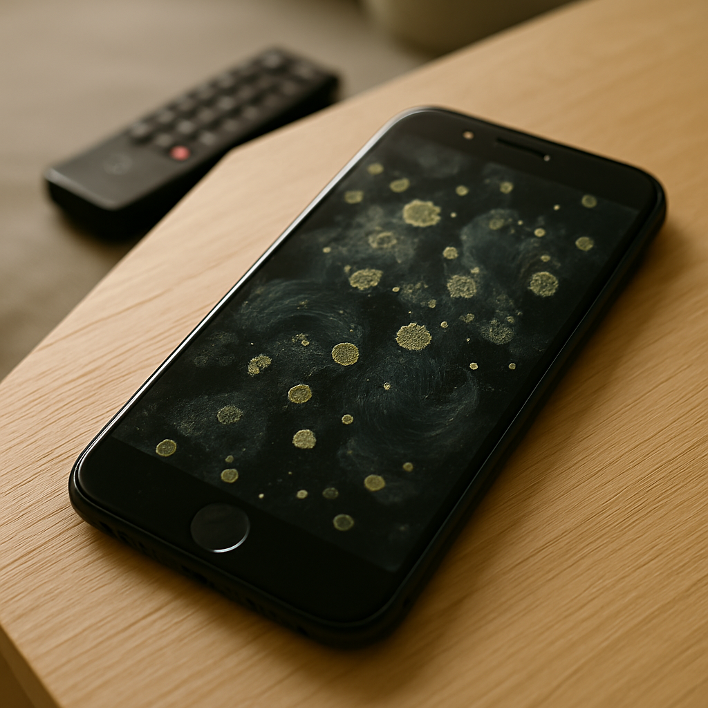휴대폰 화면에 선명한 지문과 세균 얼룩이 보이는 근접 사진