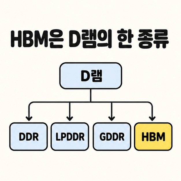 상위 분류인 D램에서 DDR, LPDDR, GDDR, HBM으로 연결선이 갈라지고 HBM을 노란색으로 강조한 분류 그림