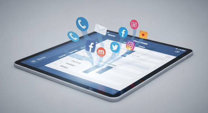 여러 플랫폼의 연락처 정보를 한곳에 통합하여 깔끔하게 정리된 태블릿 화면