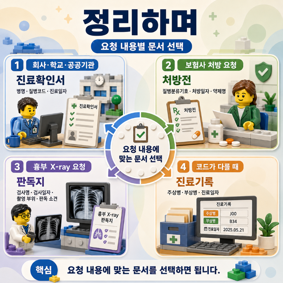 요청 내용별 문서 선택 인포그래픽, 진료확인서·처방전·흉부 X-ray 판독지·진료기록 선택 기준 안내