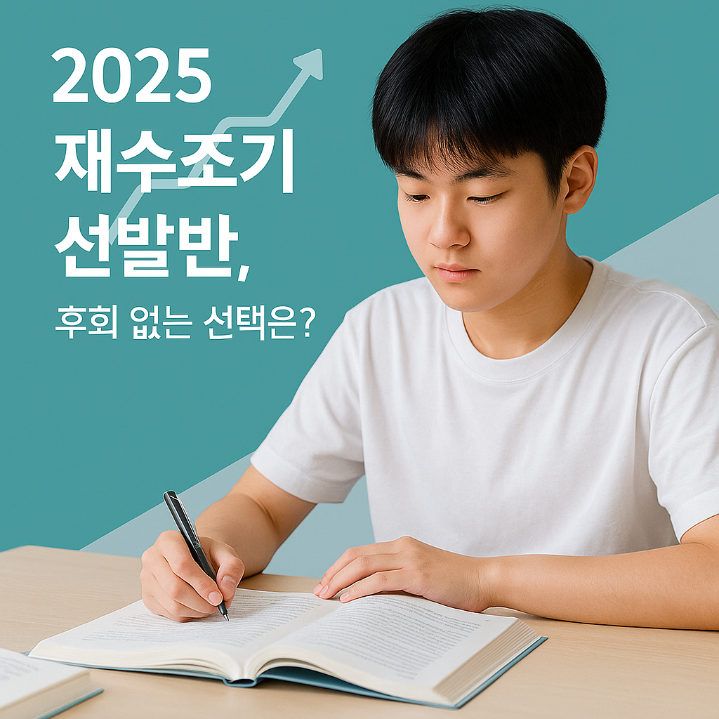 책을 펴고 집중하는 한국인 고등학생 – 2025 재수조기선발반 안내 문구 포함