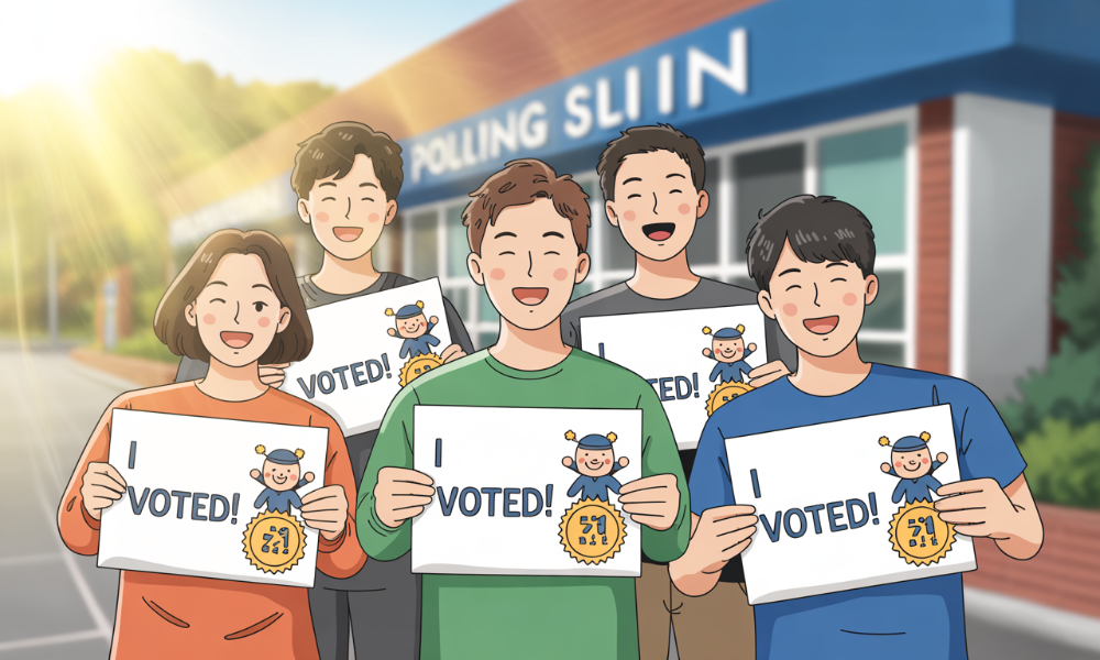 MZ세대가 직접 제작한 투표 인증 종이를 들고 웃는 모습. 캐릭터와 문구로 개성을 표현하며 투표를 독려하는 이미지.