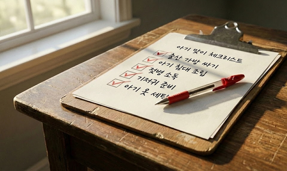 나무 책상 위에 놓인 종이 체크리스트에 항목이 적혀 있고, 빨간색 펜으로 꼼꼼하게 체크 표시가 되어 있어 부모급여 신청 준비와 누락 방지를 연상시키는 모습