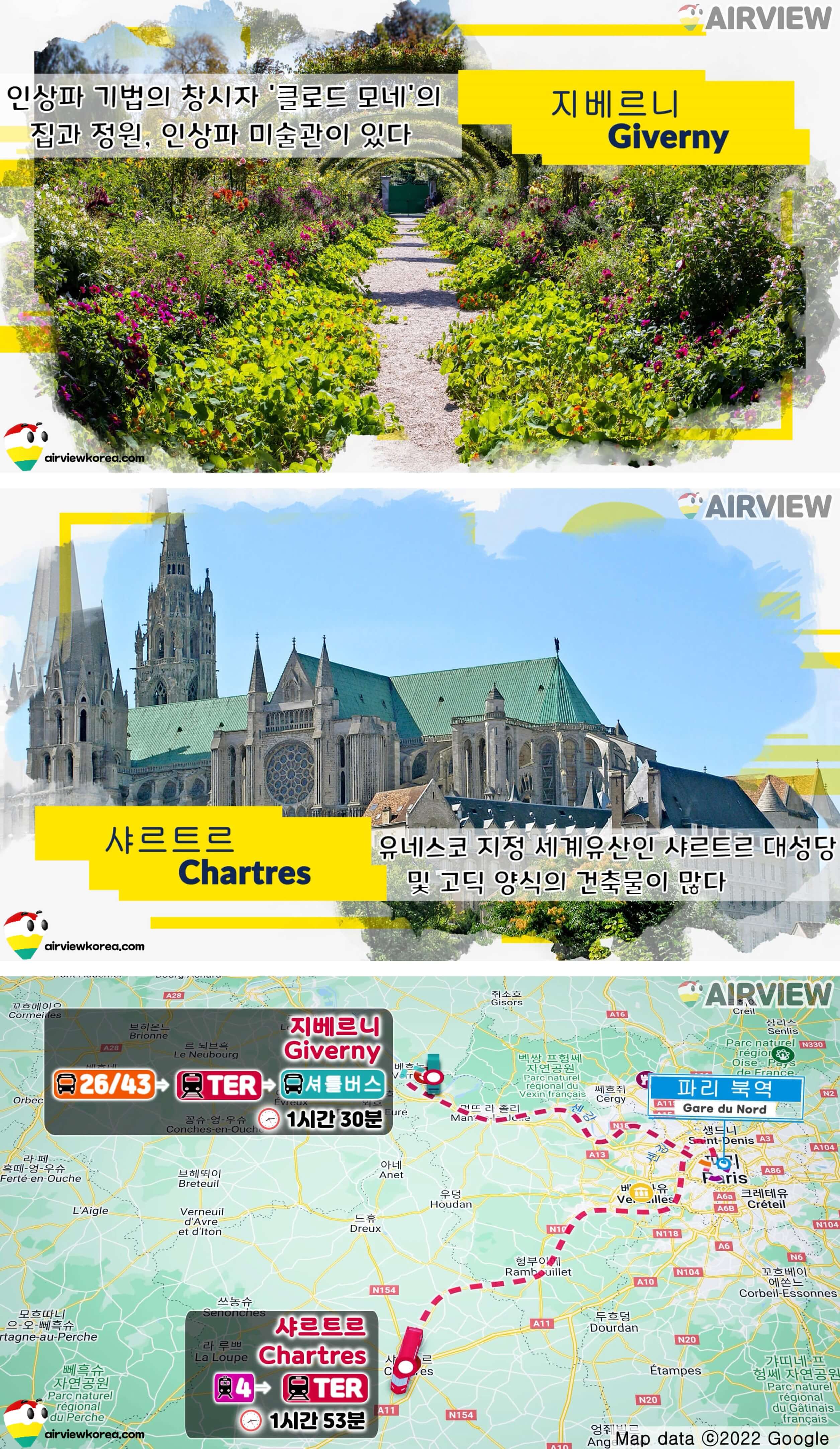 프랑스 북역에서 서쪽의 지베르니와 남서쪽에 있는 샤르트르에 어떤 경로를 통해 갈 수 있고 얼마나 걸리는지 보여주는 지도