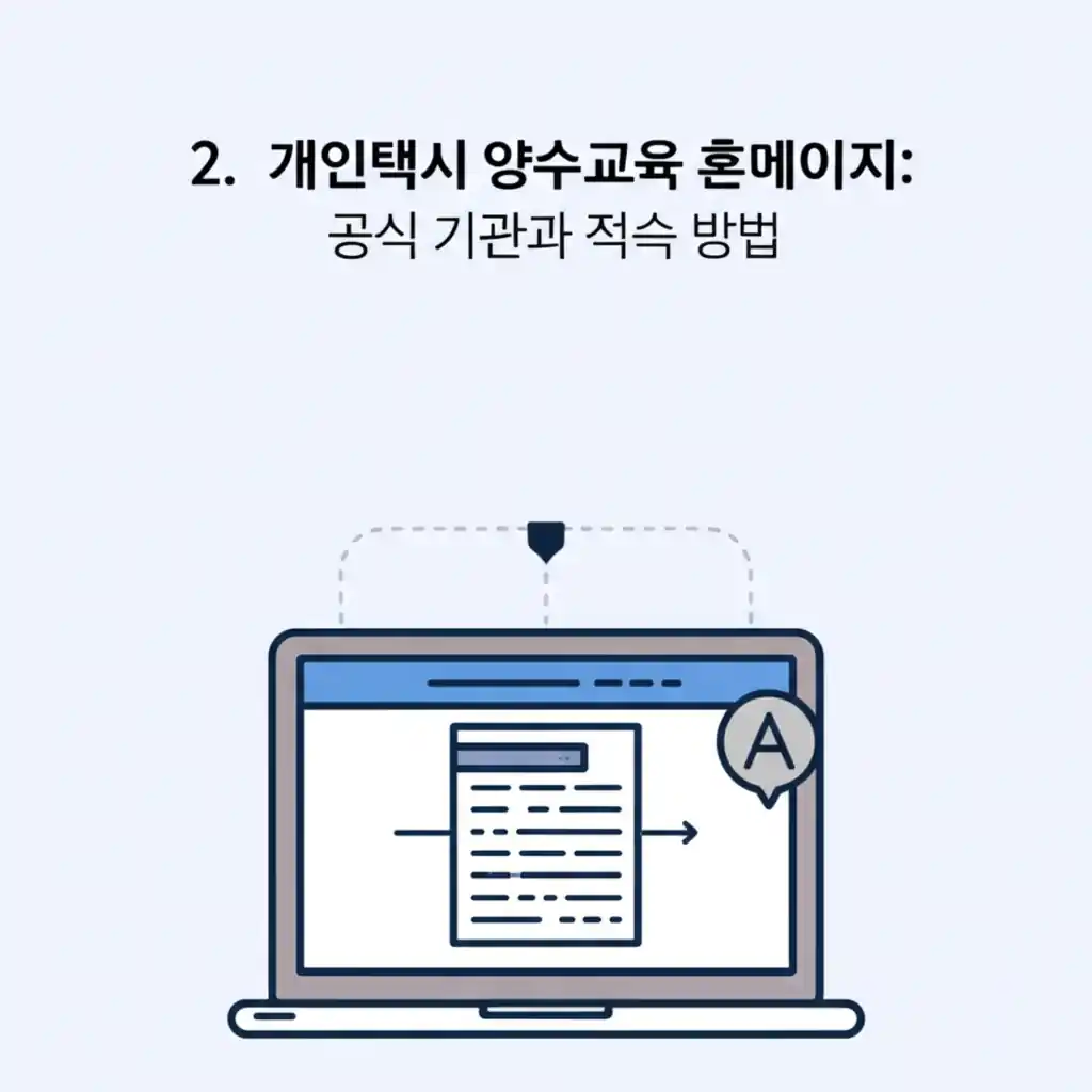 개인택시 양수교육 공식 홈페이지 접속 화면. 신청 절차 및 필수 정보를 제공합니다.