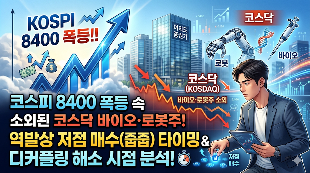 코스피 8400 폭등에 소외된 코스닥 바이오&middot;로봇주, 역발상 저점 매수(줍줍) 타이밍과 디커플링 해소 시점 분석