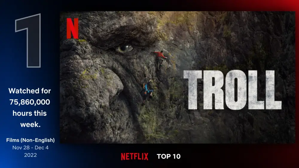 거대한 트롤에 남자와 여성이 등반하는 트롤의 습격 영화 포스터