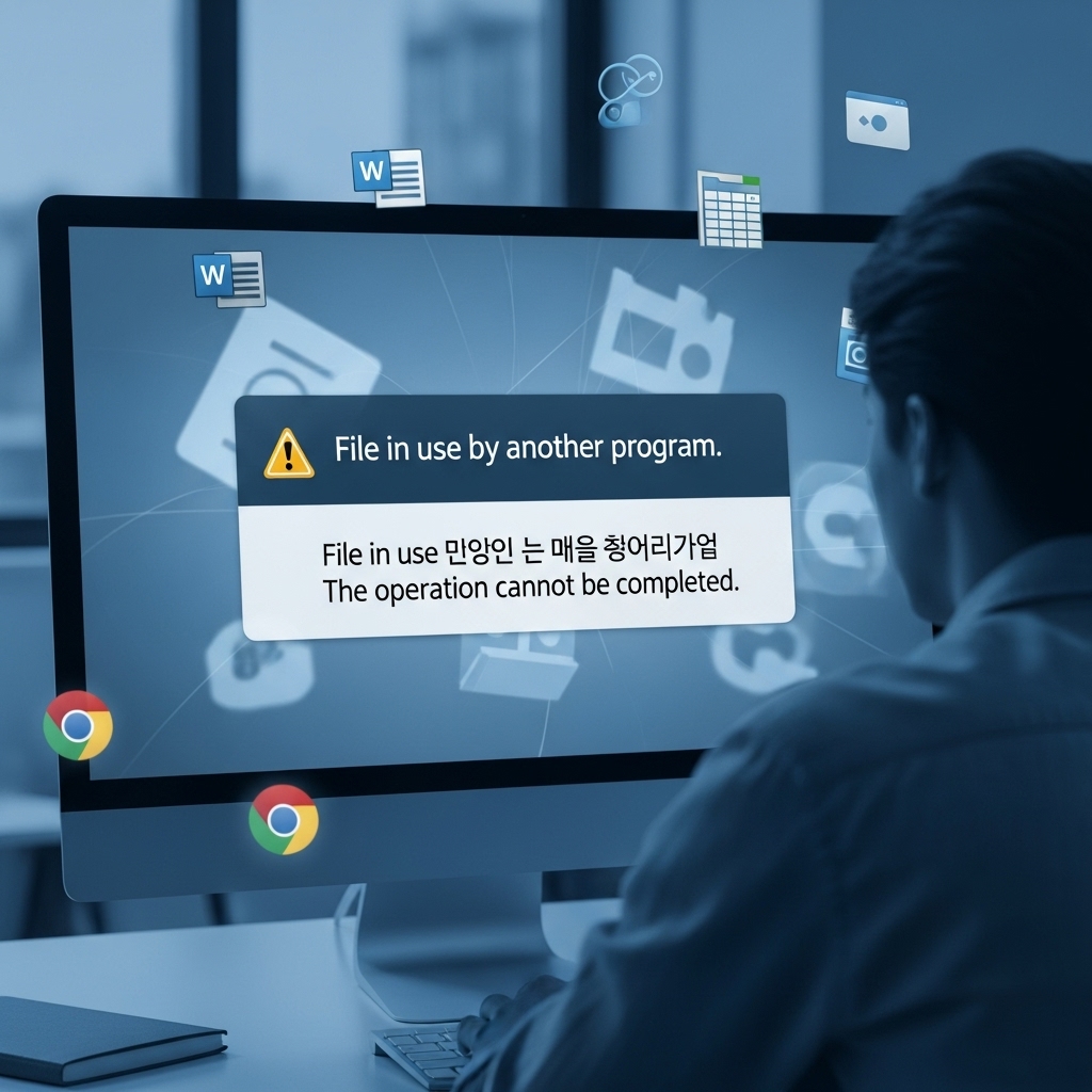 다른 프로그램이 파일을 사용 중이어서 발생한 오류 메시지가 표시된 컴퓨터 화면을 좌절한 표정으로 바라보는 사람의 모습. 배경에 다양한 프로그램 아이콘이 흐릿하게 보인다.
