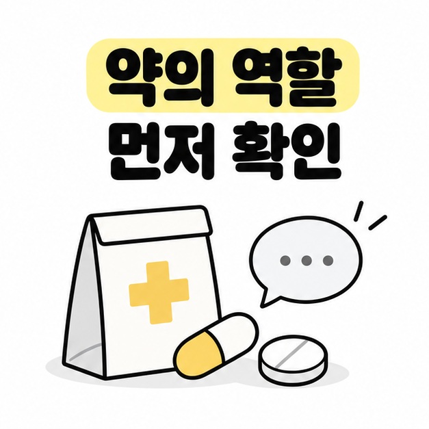 약의 역할을 확인하자는 문구와 약봉투 및 상담용 말풍선 일러스트