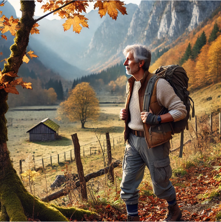 자연을 찾아 등산하는 중년 이미지